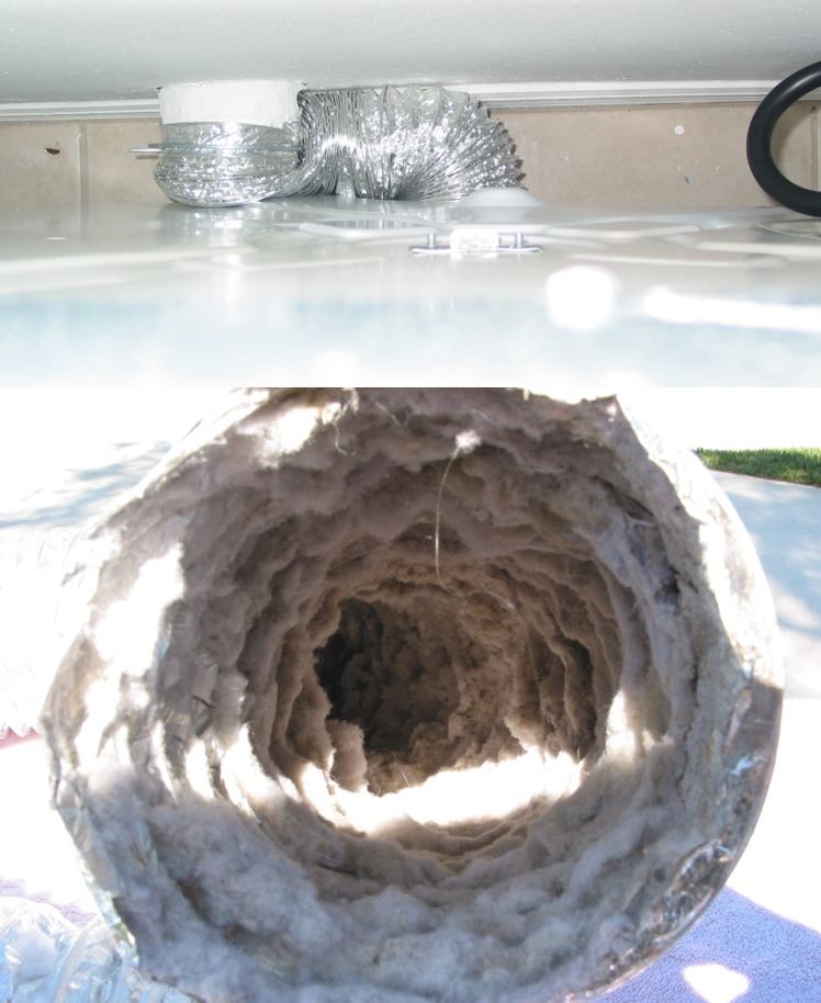The inside of a clothes dryer flex hose packed with grey lint