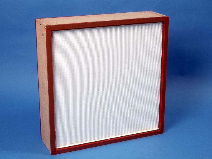 A square HEPA filter panel with white pleated media and a red frame