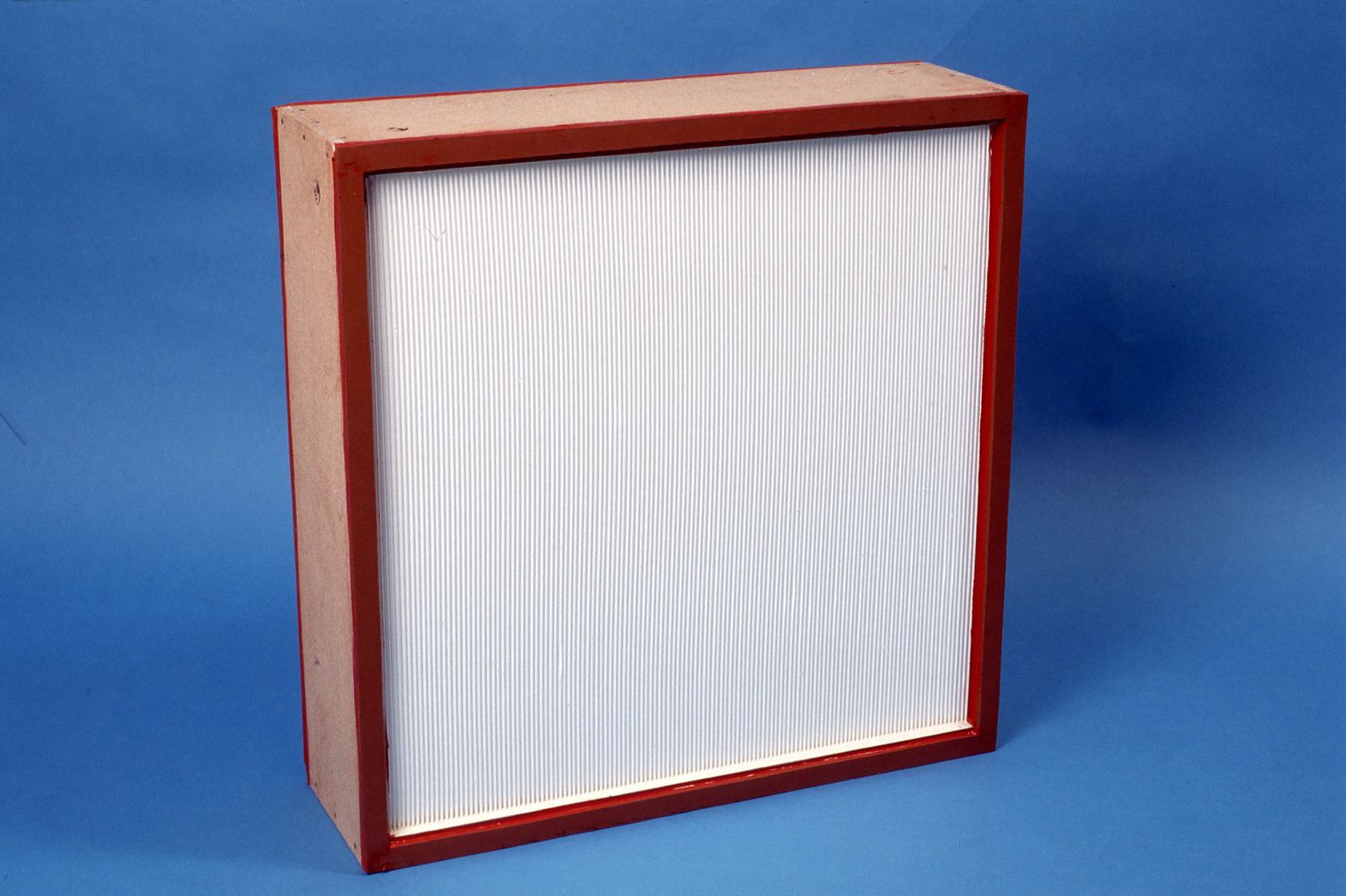 A square HEPA filter panel with white pleated media and a red frame