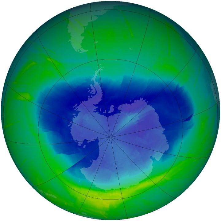 A NASA globe map showing the Antarctic ozone hole in 2010