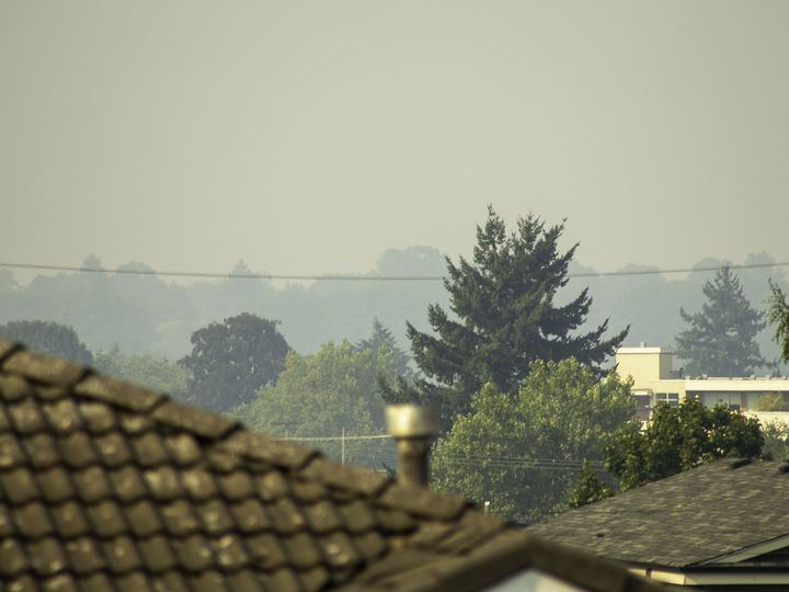 A city skyline hidden behind orange wildfire smoke haze